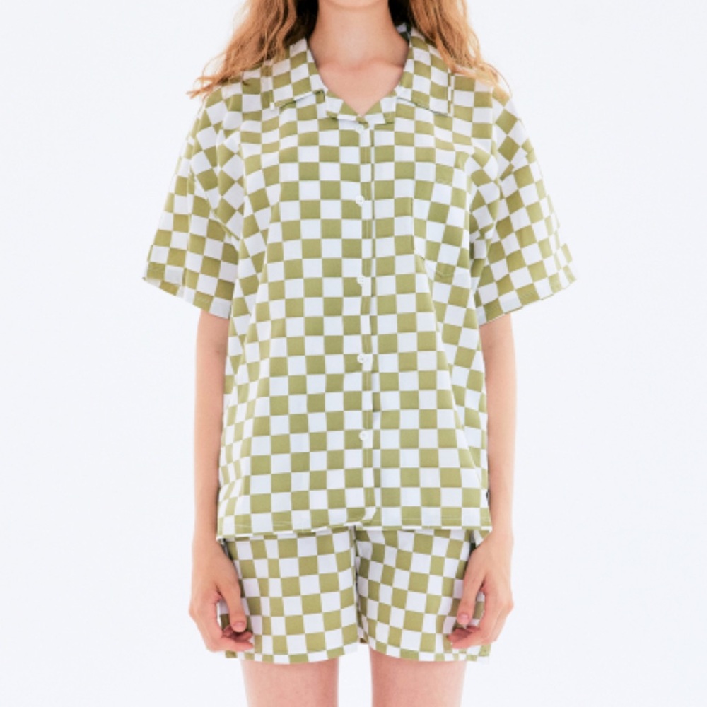 Sage green and white checkered shorts lounge set